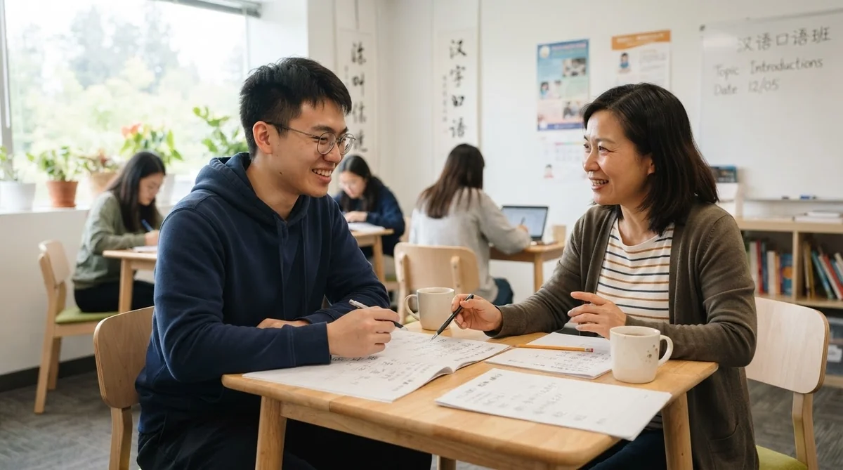 語学教室で講師と熱心に会話練習をする学生