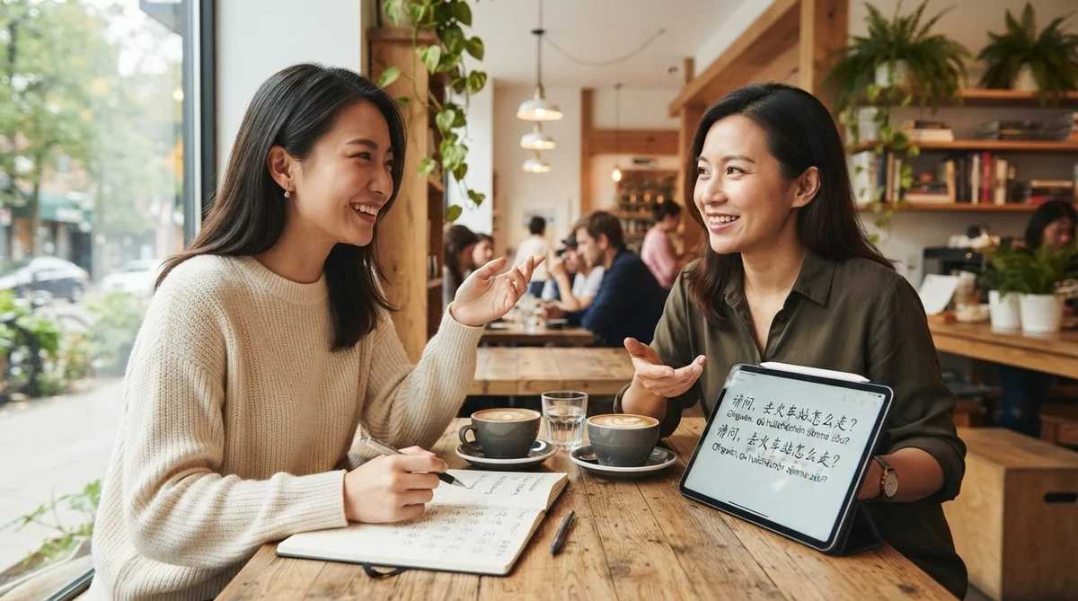 カフェで中国語の交通表現や文化的背景について対話する学習者と講師