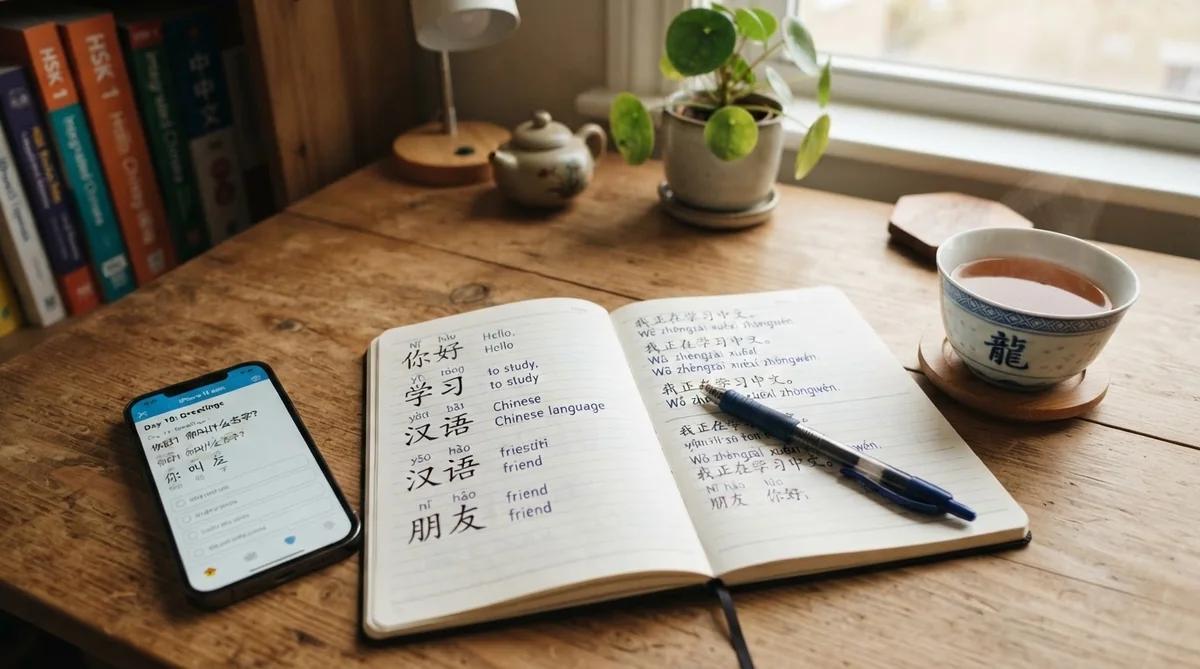 中国語の教科書やノート、スマートフォンが並ぶ学習デスクの光景