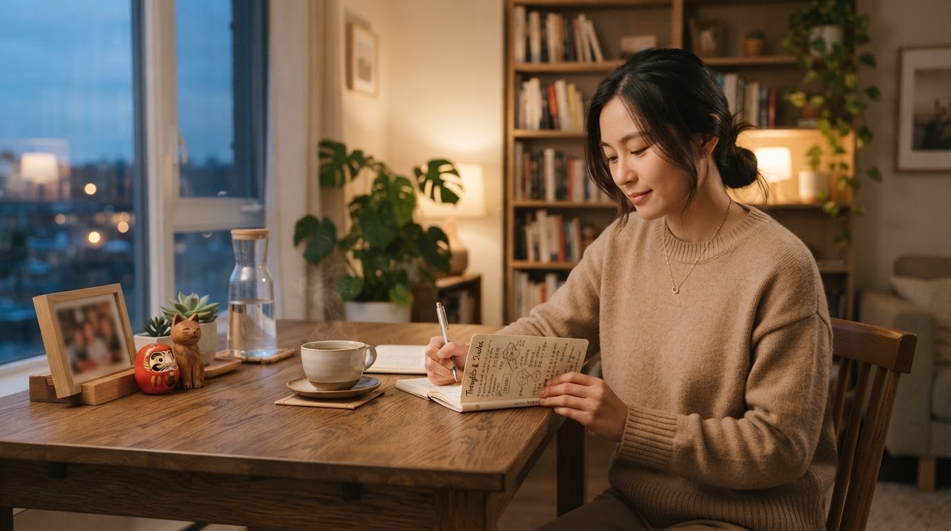 自宅でお茶を入れながらノートで学んだ表現を復習する様子