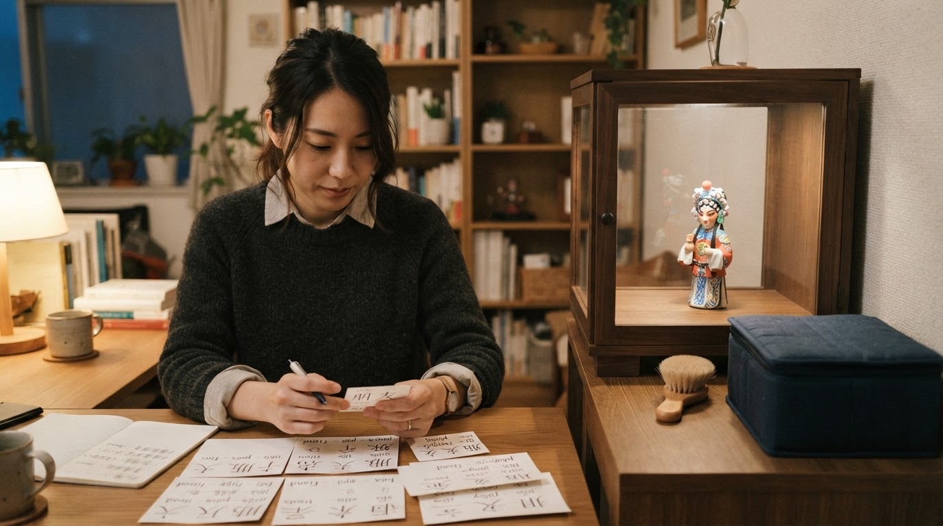 直射日光を避けて泥人形を飾りながら中国語を復習する机