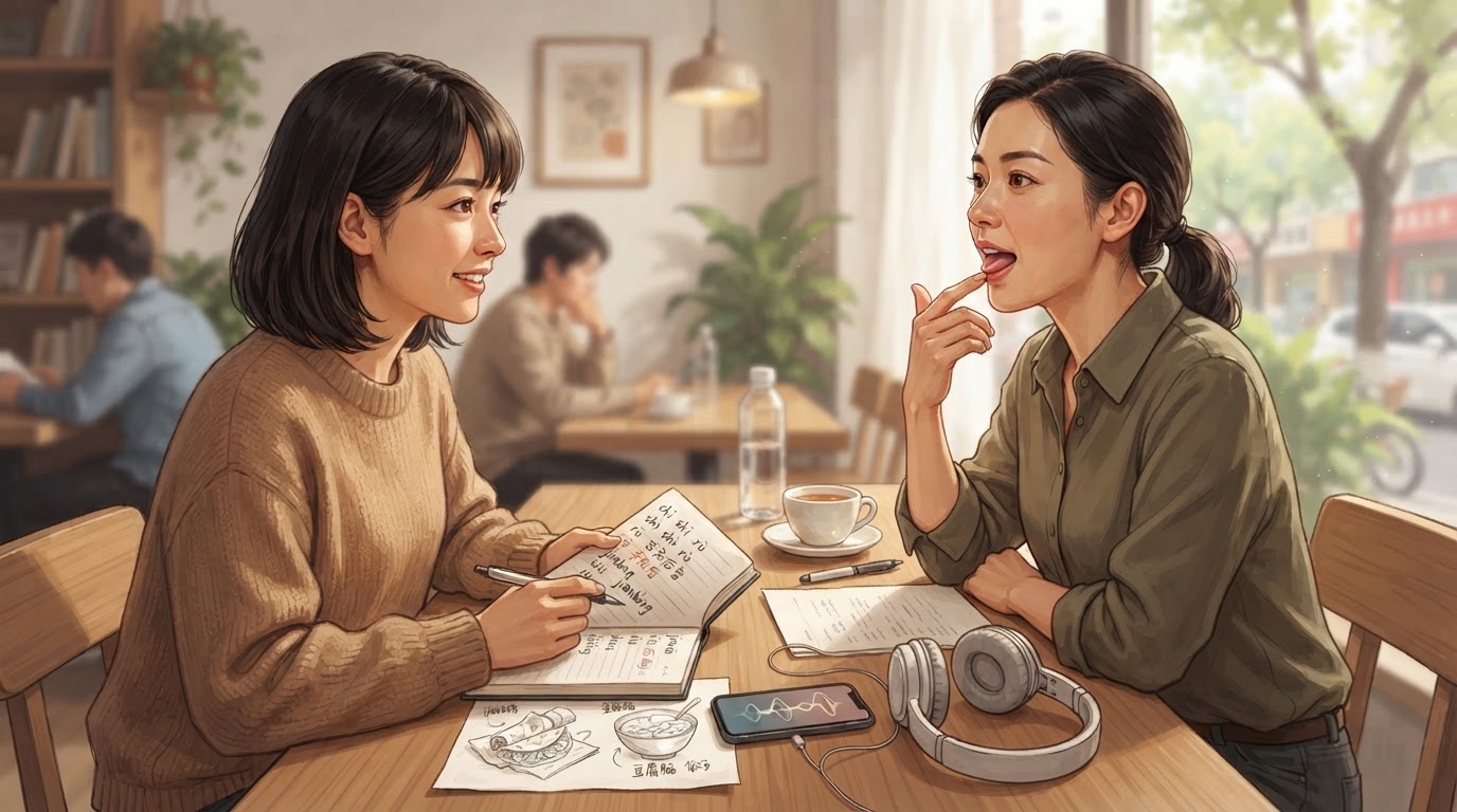 天津朝食の中国語表現を録音とノートで復習する学習者