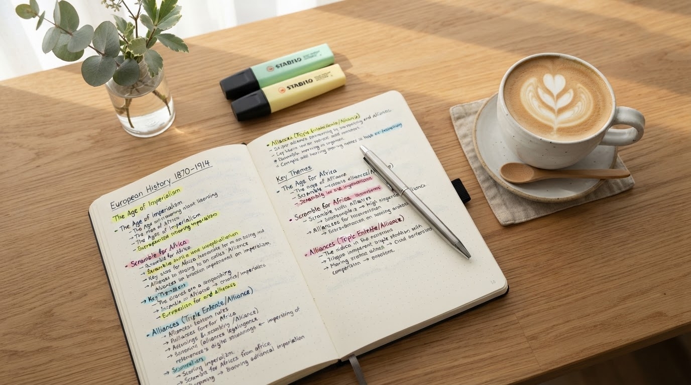 手書きの学習ノートとラテアートが施されたコーヒーが置かれた机