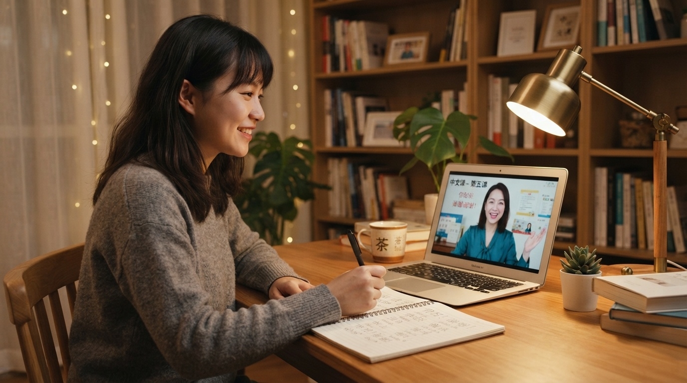 オンラインで中国人講師と楽しそうに中国語を練習する学習者