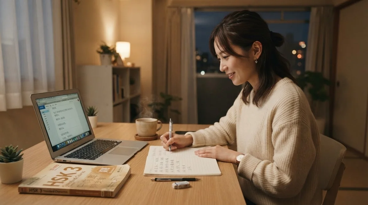 自宅でノートPCと単語帳を開いて落ち着いて勉強している日本人