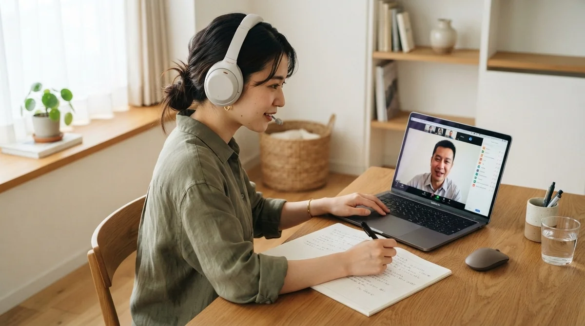 ノートパソコンでオンラインの語学レッスンを受けている日本人女性の様子