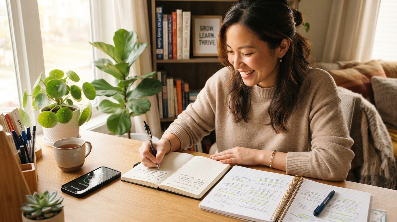 陽の当たる木製デスクで手帳に中国語の学習計画と復習メモを書き込む学習者