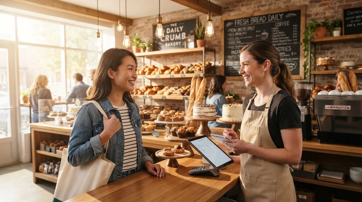 現代的なベーカリーの店頭で会話をする若い客とスタッフ