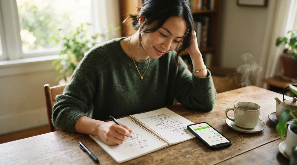 デスクでノートやスマホを活用しながら中国語会話を練習する学習者