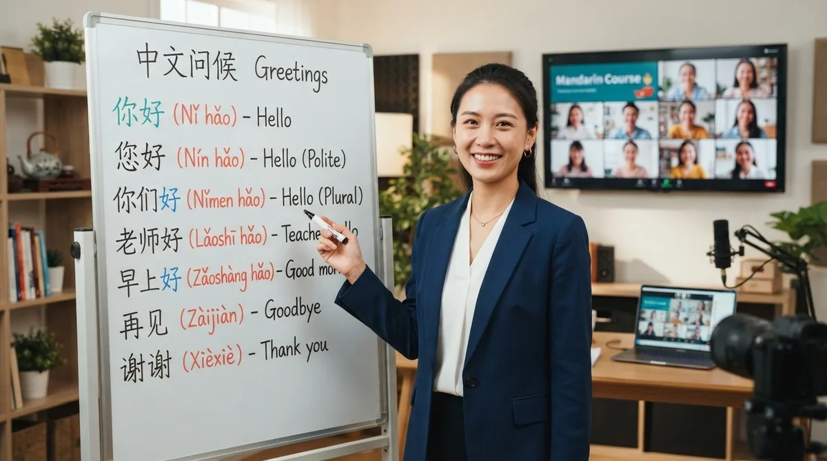 清潔で明るい教室で生徒に向かって笑顔で優しく語学レッスンを行う中国語講師