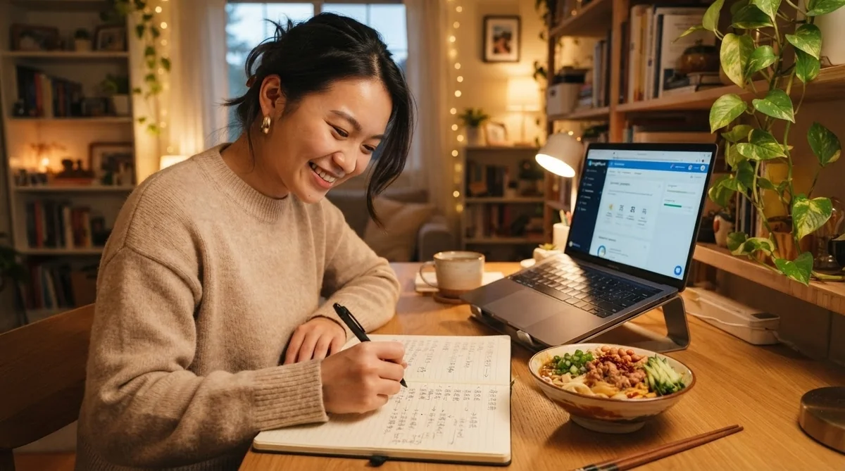 ノートや語学学習サイトが置かれた明るい勉強机で楽しく学習する様子