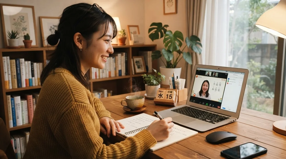整然としたデスクでオンライン中国語レッスンを受ける学習者