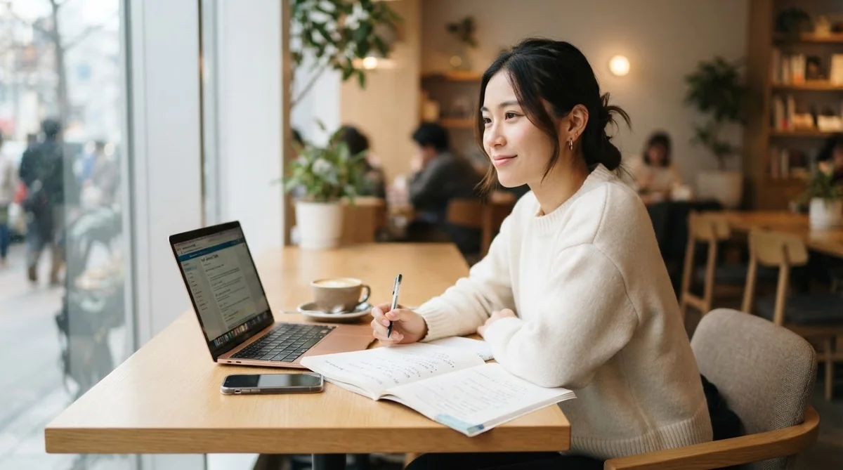 落ち着いたワークスペースでノートやタブレットを開いてじっくり学習を進める様子