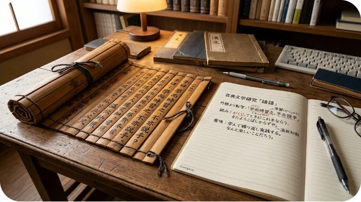 学習用ノートに漢字を書き込む人の手元のクローズアップ。語学学習の進歩と献身に焦点を当てた、明るい机。