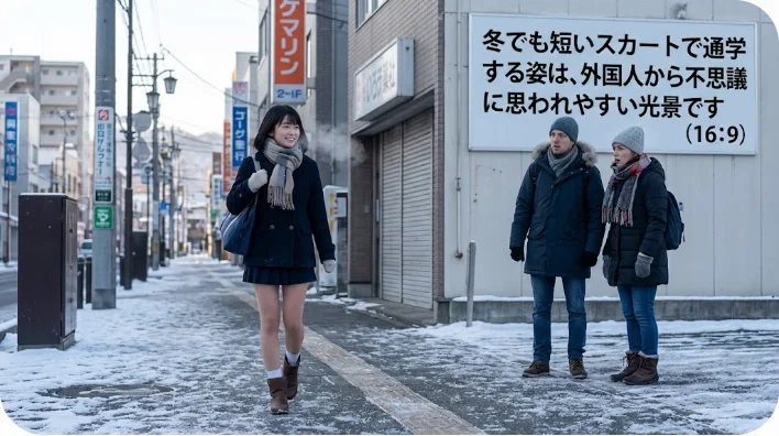 ブレザーとセーラー服を着て冬の街を歩く日本の女子高生。一人はマフラーを巻いている。