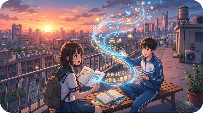 現代の学校の教室で教科書を持ちながら楽しそうに話している2人の東アジアの女子学生
