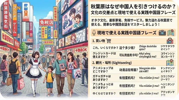 秋葉原のレトロな電子部品やアニメグッズを扱う店内で、カラフルなフィギュアが並ぶ棚を興味深く見つめる東アジアの若者