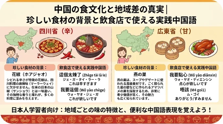 木製のテーブルに並べられた唐辛子や花椒、八角などの色鮮やかな中国の香辛料