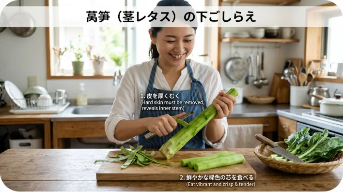 収穫したての莴笋(茎レタス)の皮を包丁で丁寧にむいている様子