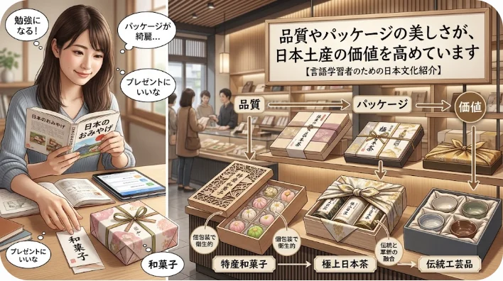 モダンなオフィスで赤と金の装飾が施されたギフトボックスを交換し、笑顔で挨拶する2人の同僚
