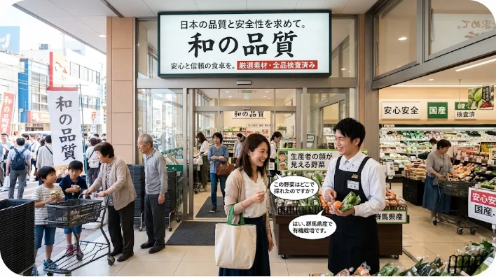 清潔で洗練された店内で、高品質な日本の化粧品や日用品に興味を示す東アジアの女性客の様子