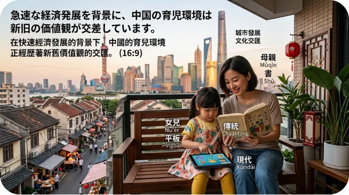 木製の机に向かい、ヘッドホンをつけてノートとタブレットで熱心に中国語を学ぶ日本人学習者