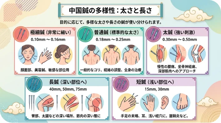 清潔なステンレストレイに並べられた長さの異なる中国鍼