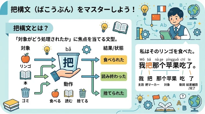東アジア人の教師が机の上の本を使って対象の移動や変化を説明している概念図