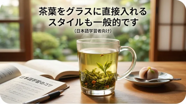 木製のテーブルに置かれたグラスの中で、底に沈みゆく緑茶の葉と立ち上る湯気