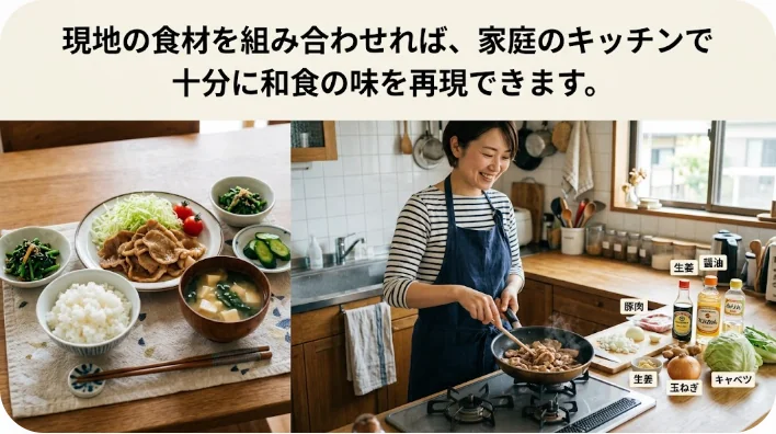 白菜や豆腐、現地の醤油などが置かれた中国のキッチンカウンターの様子
