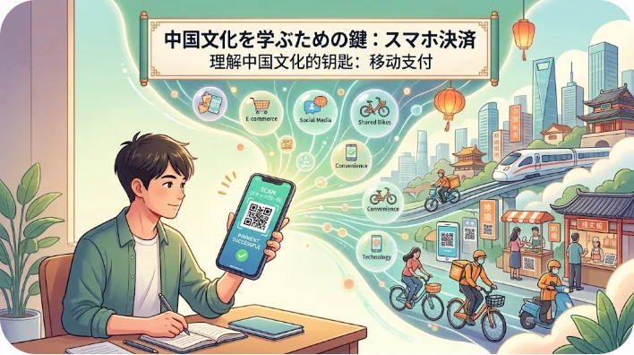 スマートフォン、モバイルバッテリー、クレジットカード、人民元紙幣などを机の上に整理して旅行の準備をしている様子