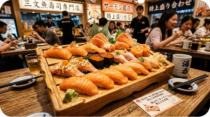 マヨネーズや甘いたれがかかった、厚切りの炙りサーモン寿司の盛り合わせ
