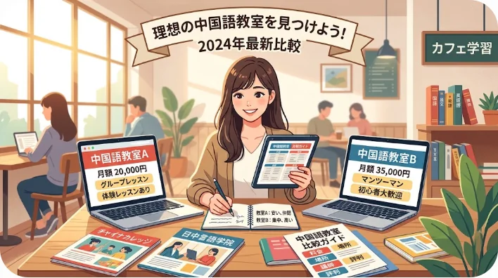 中国語教室を比較検討する日本人女性のイラスト