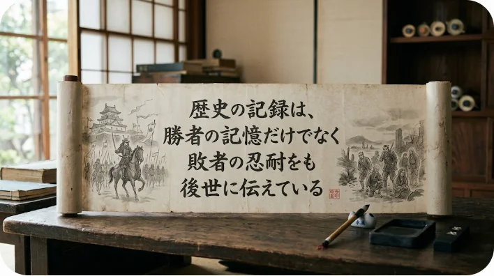 古代中国の竹簡や筆、歴史書が置かれた書斎の風景