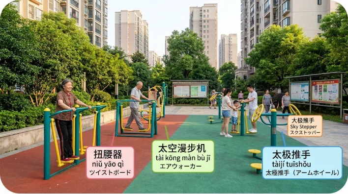 住宅街に設置された色鮮やかな健康遊具の風景