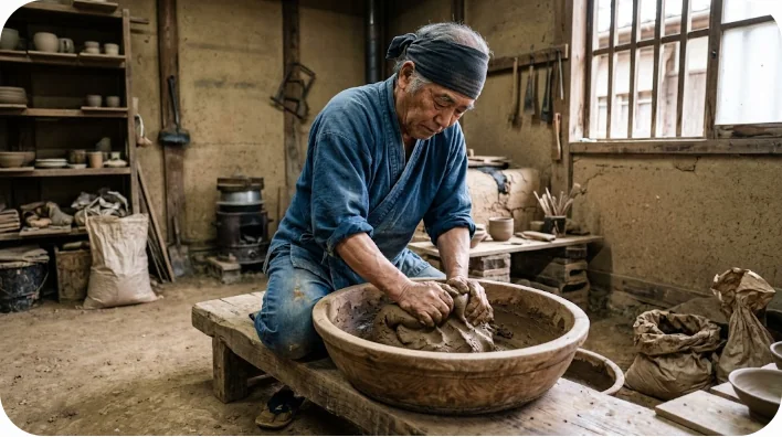 赤い粘土を石のテーブルの上で丁寧に練り上げる東アジアの職人の姿。中国の伝統的な中庭で太陽の光が手元を照らしている。