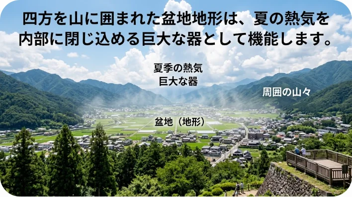 山脈に囲まれた巨大な盆地都市の俯瞰風景。地形が熱を閉じ込める様子がわかる