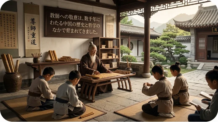 木の下で若い生徒に教える東アジアの賢明な学者を描いた中国の伝統的な絵画風のイラスト。教師を敬う歴史的ルーツを表現。穏やかで哲学的な雰囲気、温かみのある色合い。