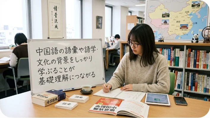 中国語の学習テキストとノートが置かれた静かな勉強机