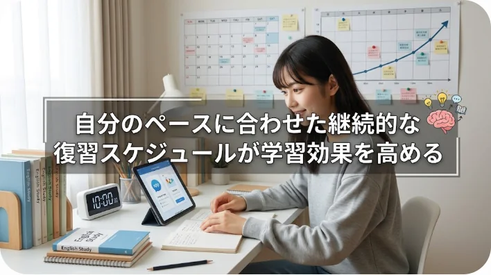木製テーブルの上に置かれた学習プランナーとお茶のカップ