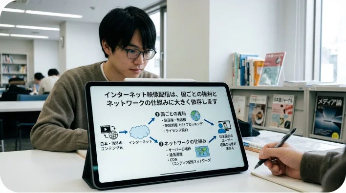 配信権やネットワークの仕組みをイメージさせるハイテクなストリーミングボックスのビジュアル
