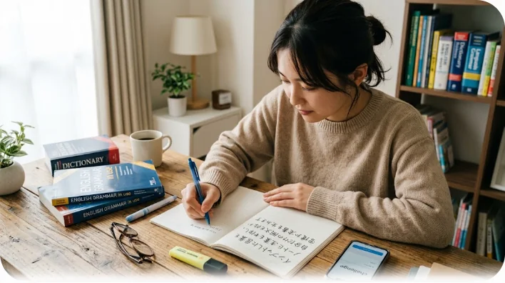 スマートフォンで語学アプリを開きながらノートを取る学習デスクの様子