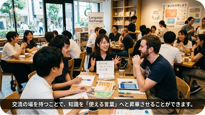 モダンなコミュニティスペースで開催されている言語交換ミートアップで、楽しく会話し、文化的な知見を共有している東アジア系の大人たち