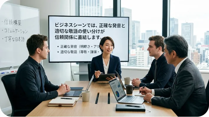 明るくモダンな東京のオフィスで、同僚に軽くお辞儀をしながら話しかける礼儀正しい東アジア系のビジネスパーソン