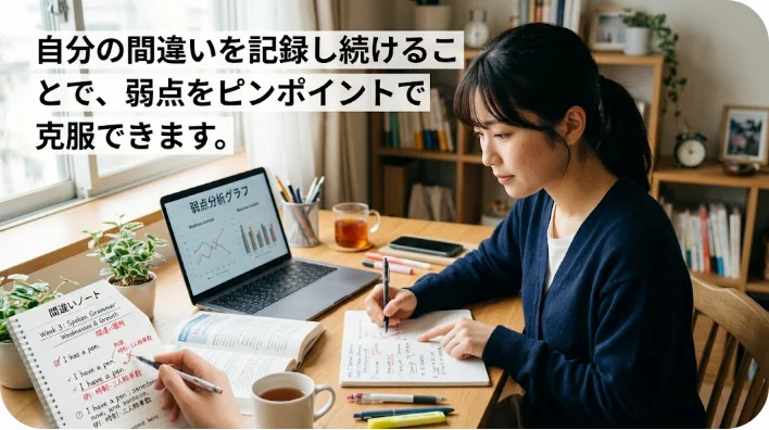 木製のデスクの上に置かれた、日本語と中国語の文字が丁寧に書かれた開いたノート、ペン、コーヒーカップのクローズアップ