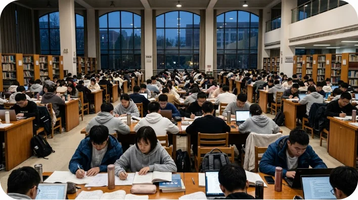 広大な図書館で集中して勉強に取り組む東アジアの大学生たち