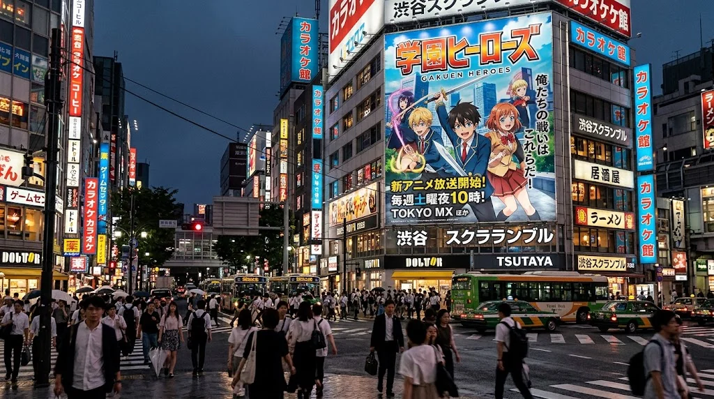 日本の賑わう繁華街のビルに掲げられたアニメ調の巨大な広告看板と、その下を行き交う歩行者