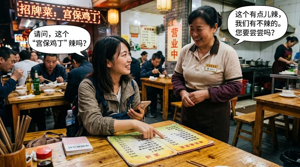 地元の中国の飲食店で、メニューを指差しながら店員に質問をする旅行者の様子