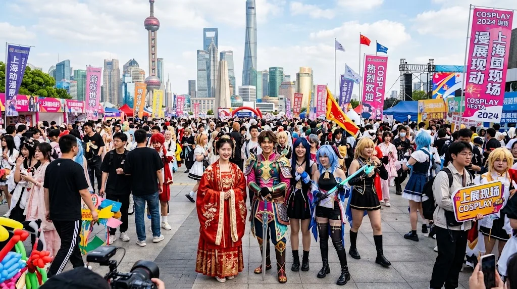 上海の活気あるコスプレイベント、伝統的な漢服やカラフルな衣装を着た若者たち