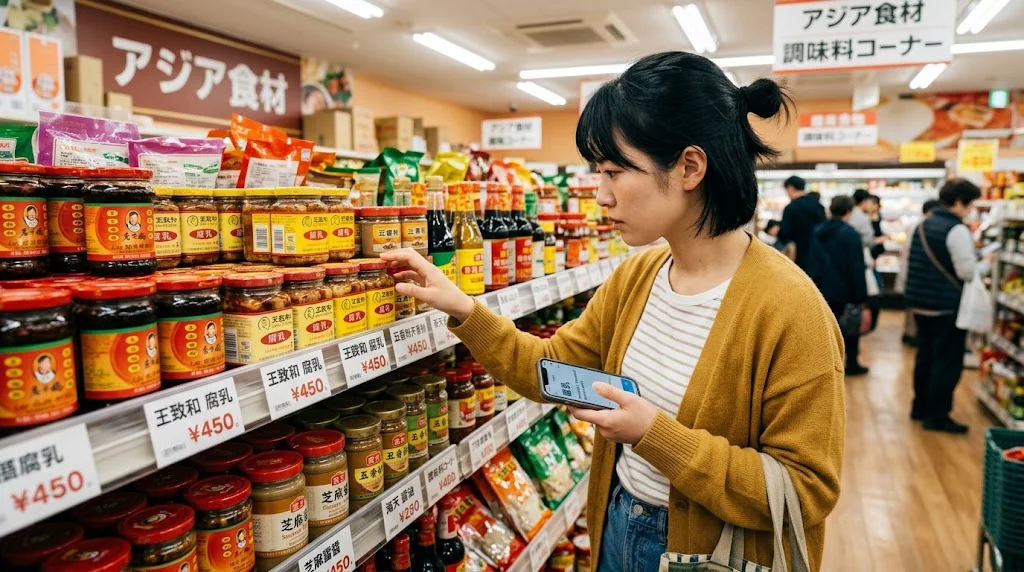アジア系スーパーマーケットで中国の調味料や腐乳の棚を見つめる学習者